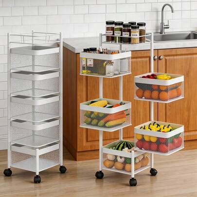 Beaully 5 Tier Kitchen Rolling Utility Cart On Wheels, White Square Basket Vegetable Cart Kitchen Storage For Fruit Snack, Metal Kitchen Cart With Wheels For Living Room Bathroom