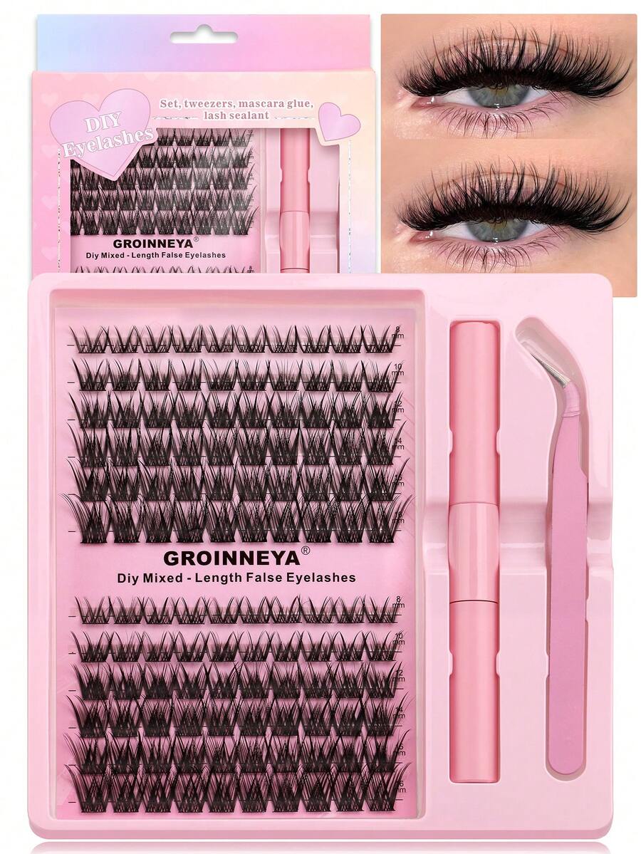 GROINNEYA 12 Pairs Fluffy Curly False Eyelashes Set, Soft Cat Eye Lashes, Thick & Voluminous DIY Segmented Fake Lashes, Large Capacity Individual Lashes, With Lash Glue & Tweezers, 8-16mm Mixed Length Cluster Lashes, Delicate & Reusable, Easy To Create Professional Lash Look At Home - Black - View 1