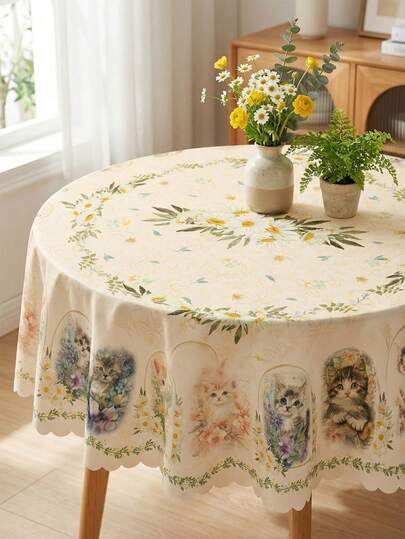Khăn trải bàn họa tiết hoa cúc và mèo dễ thương - Được làm từ sợi polyester chống thấm nước và chống bám bẩn, hoàn hảo cho trang trí mùa xuân và mùa hè, quà tặng Ngày của Mẹ và đám cưới, sử dụng trong nhà/ngoài trời, và là món quà lý tưởng cho nhà bếp và phòng ăn gia đình.