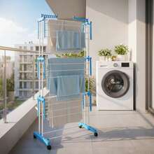 LIVINGANDHOME 3 Tiers Foldable Rolling Clothes Airer,Space Saving Clothes Drying Rack With Shoe Storage,Towel Rack For Indoor Outdoor Air Dryer,Space Saving Laundry Organiser - Blue 71cm(W) X 46cm(D) X 167cm(H) - View 4