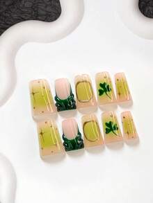 10pcs Spring Clover Style Handmade Nail Art Set, Including Gel Nail Kit, Clover Decor, Golden Glitter, Green Nail Polish, Fresh Lucky Style, With Nail Tools (1 Jelly Sticker + 1 Nail File), 3 Size Options Suitable For Almond, Duck Mouth, Coffin Nails, Applicable For Party, Daily, Party, Photography, Spring/Summer Commute - Multicolor - View 13