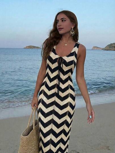 Women's Fashion Wavy Pattern Knit Cover Up Dress, Sexy V-Neck Tie-Up Hollow Out Beach Vacation Dress, Summer