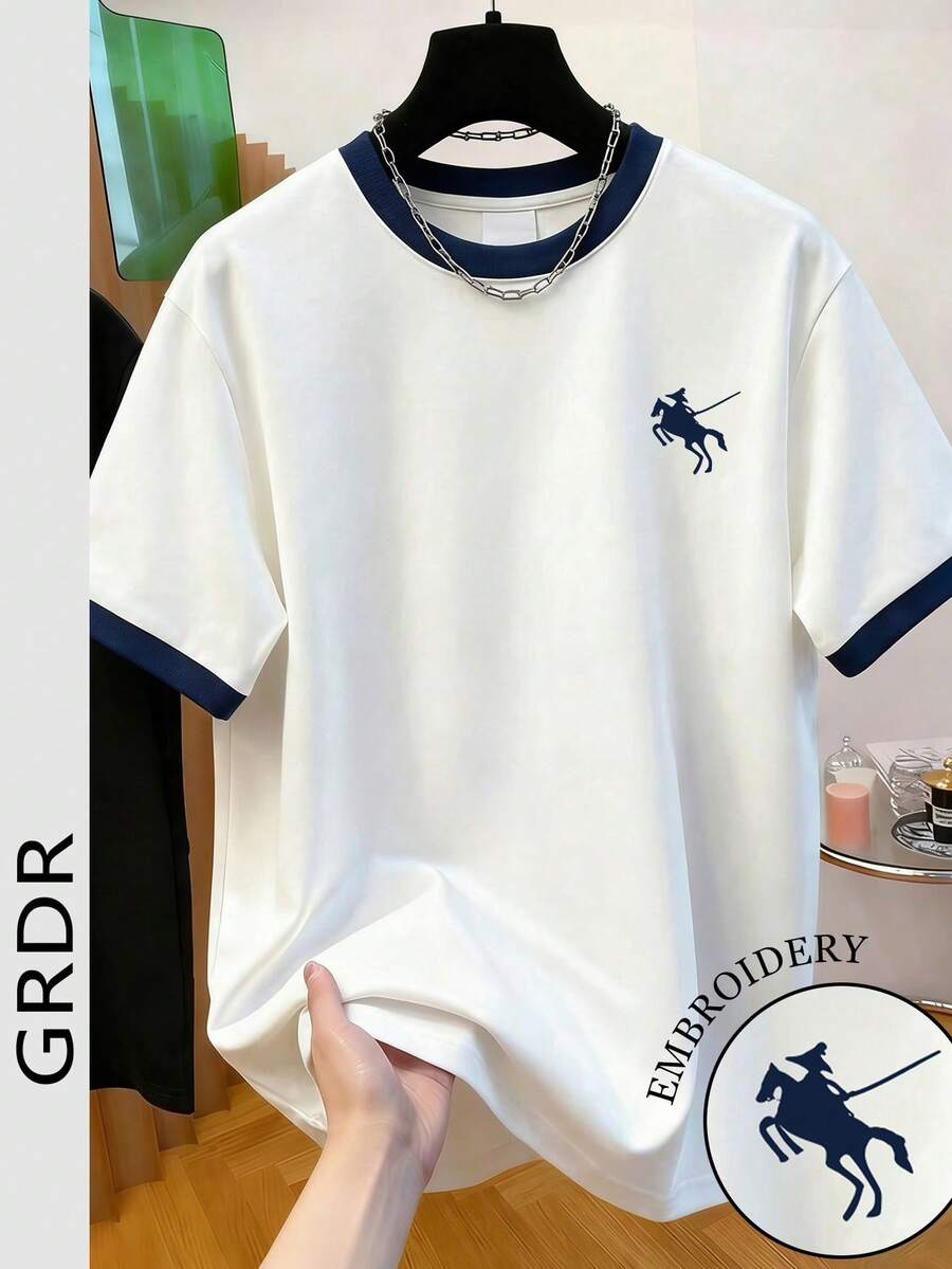 GRDR 男士新款极简印花T恤 - 复古撞色领短袖，舒适透气，夏季必备 - 白色 - 查看 1