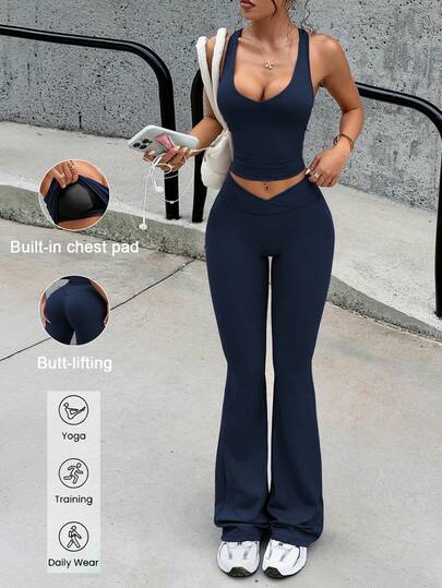 Conjunto de 2 piezas de Ocita para mujer, compuesto por top sin mangas de unicolor y escote en V sexy, y pantalones deportivos de cintura alta que levantan, para verano, fitness, gimnasio, entrenamiento, yoga