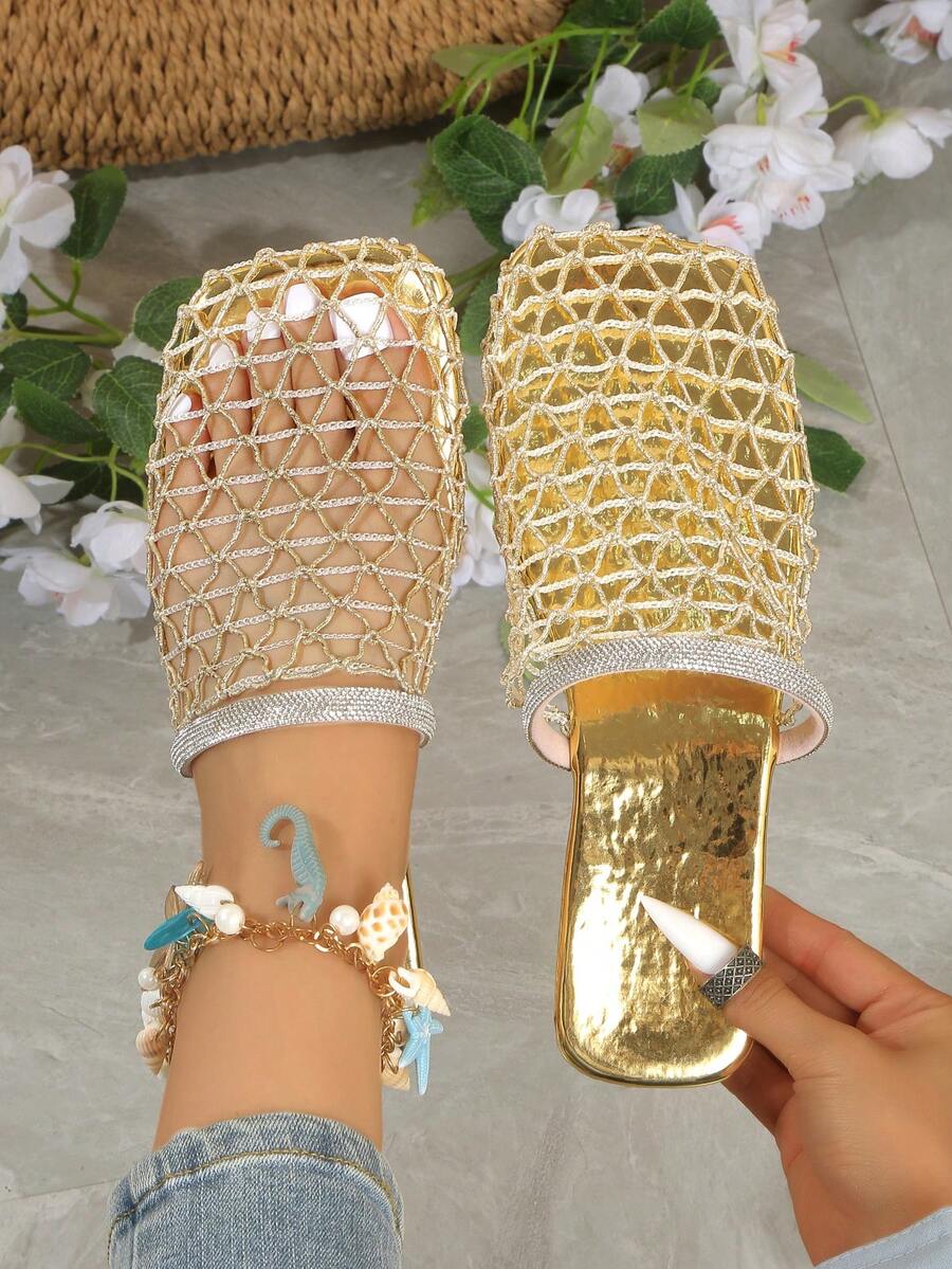 女款魚網鏤空平底一腳蹬鞋,舒適亞麻休閒露背穆勒涼鞋,透氣網布,輕量柔軟室內拖鞋 - 金色 - 查看 1