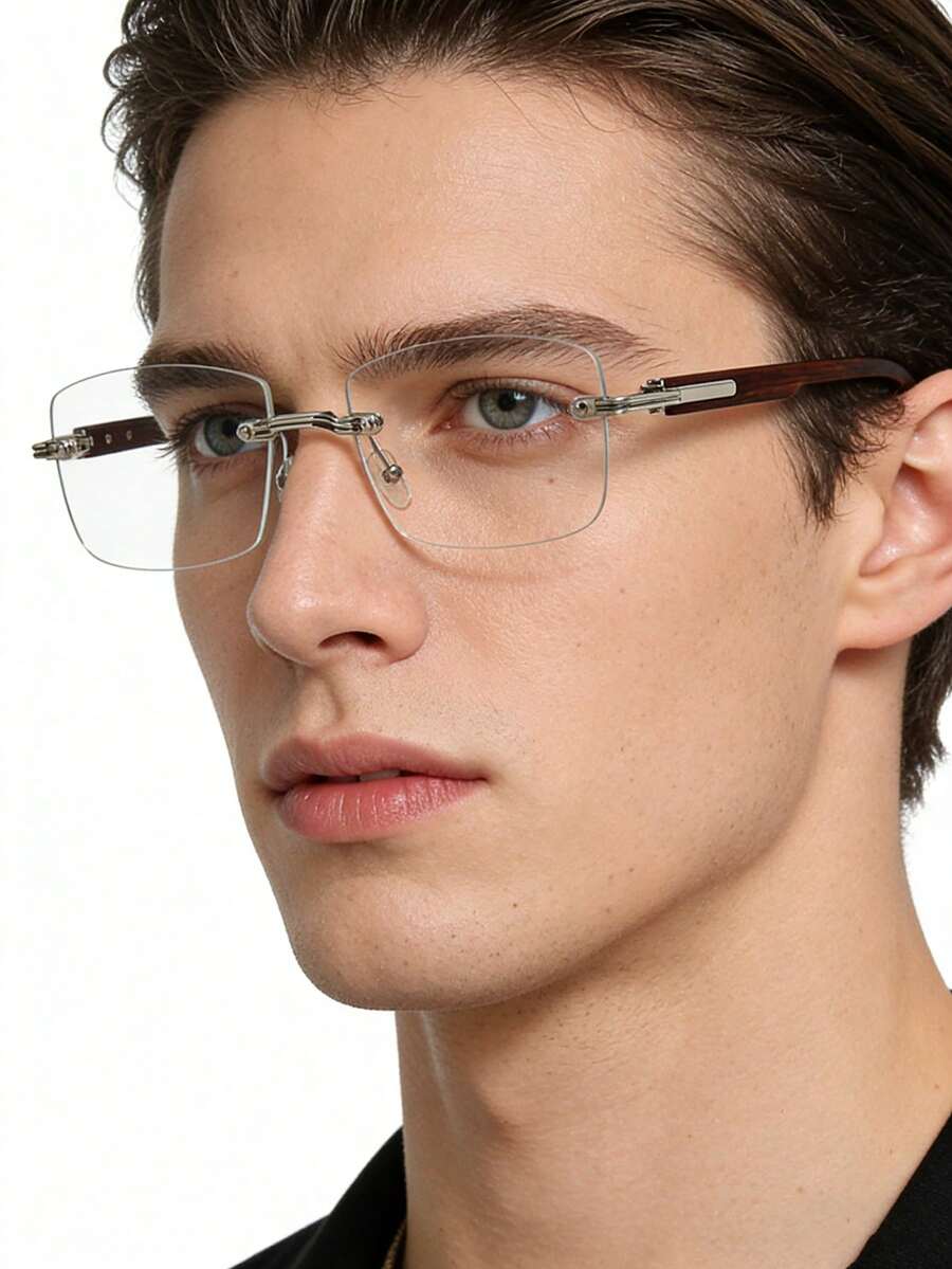 1pc Men's Casual Retro Square Frameless Fashion Flat Lens Glasses, Suitable For Daily Wear And Street Photography - Multicolor - View 1