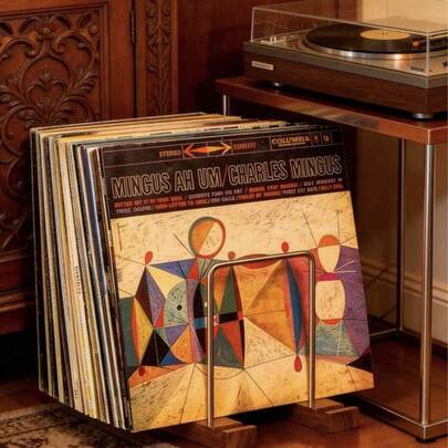 1pc Walnut Vinyl Record Stand, Iron & Wood Combination Storage Rack, Desktop Vinyl Record Display Holder, Compact Minimalist Upright Design