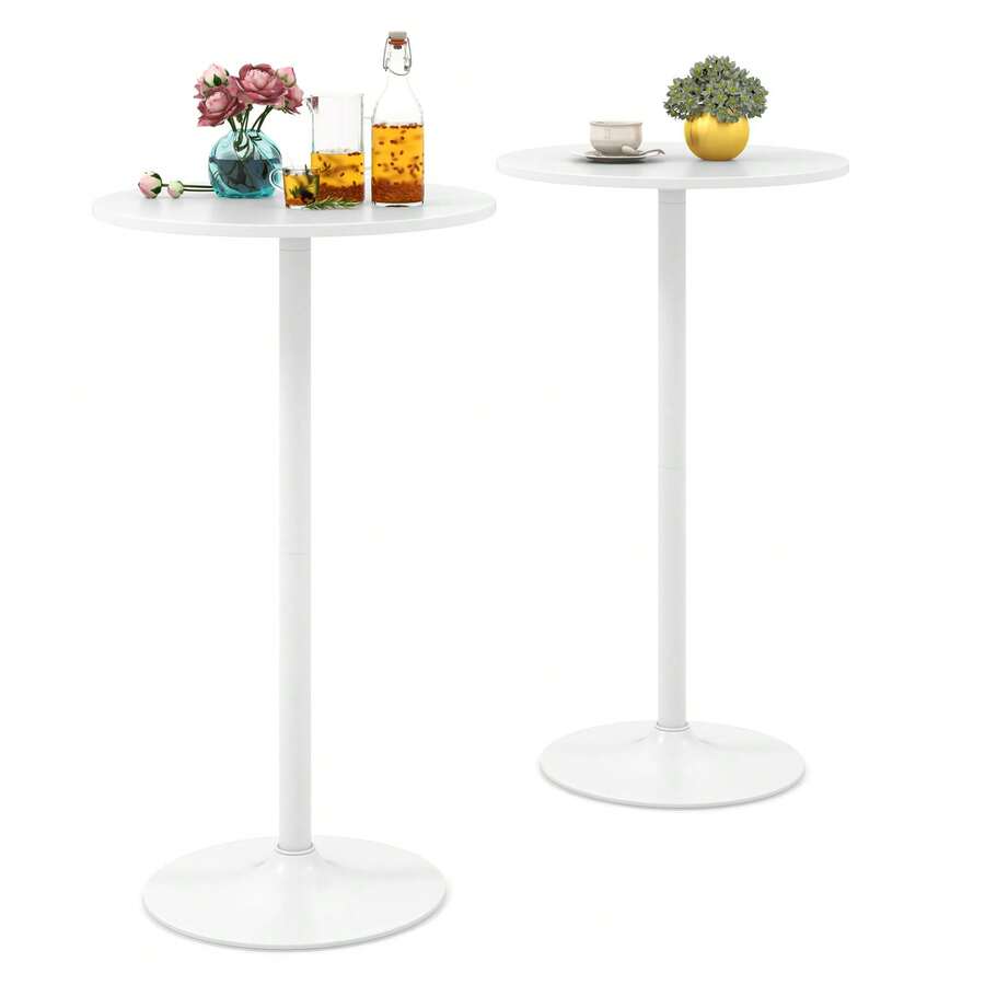GOFLAME 2 Pack Round Bar Table, Bistro Pub Table With Adjustable Height & Metal Base, Modern Style Bar Height Cocktail Table For Living Room, Cafe & Restaurant - White - View 1