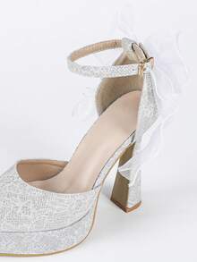 Women's High Heel Sandals, Platform, Pointed Toe, Bow Decor, Strap, Satin, White Closed Toe, Comfortable & Breathable, Suitable For Daily Wear & Dates - Silver - View 8