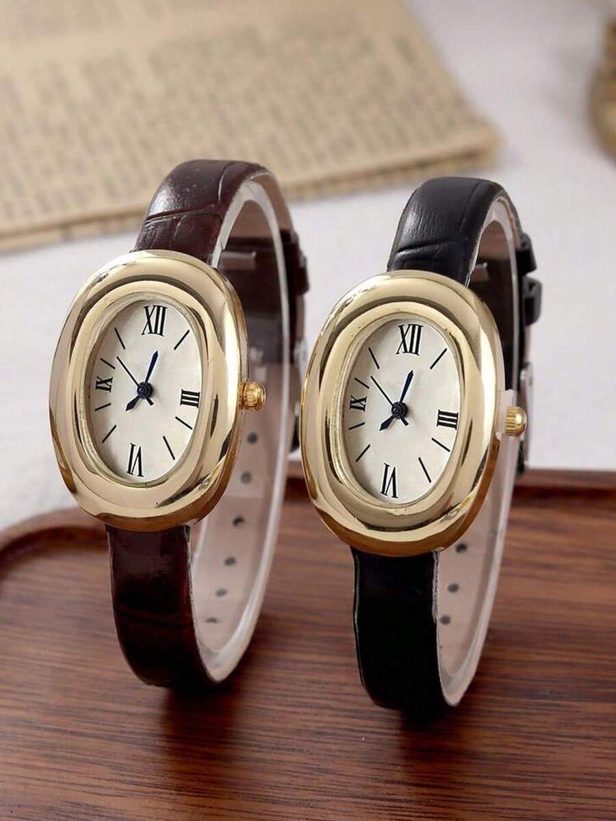Bộ 2 đồng hồ nữ cổ điển thanh lịch, máy quartz, bao gồm dây đeo da cá sấu màu đen/nâu, vỏ mạ vàng hồng và mặt số hình bầu dục kiểu retro với chữ số La Mã. - Nhiều màu - Xem 1