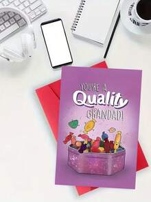 1pc, Whimsical "Quality Grandad" Birthday Card, Includes Envelope, Premium Paper, Playful Candy Illustration & Sparkly Purple Background Design, Perfect For Gentle Warmth, Ideal Card For Grandads, Grandpas, Granddads On Father's Day/Birthday (12cm/4.7in X 17cm/6.7in) - Red Envelope - View 4
