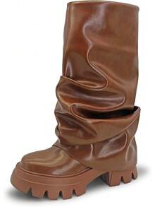 Women's Platform Round Toe Mid Calf Boots With Chunky Heel - M-brown - View 14