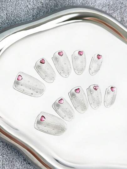 Bộ 10 miếng dán móng tay hình oval ngắn tối giản 22.5mm, làm thủ công, trong suốt với họa tiết bạc, trái tim, chấm bi, thanh lịch, đa năng, thời trang, sáng tạo, phù hợp cho tiệc tùng, ngoài trời, bãi biển, hàng ngày, kỳ nghỉ, tụ họp, công sở và các dịp đặc biệt - 10 miếng/gói