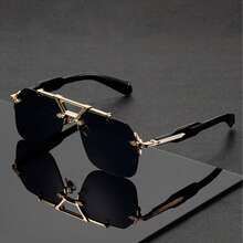 三副无框双梁时尚眼镜，金属材质，防晒，未来朋克风，街头潮流风格 - 金框黑片+黑框灰片 - 查看 3