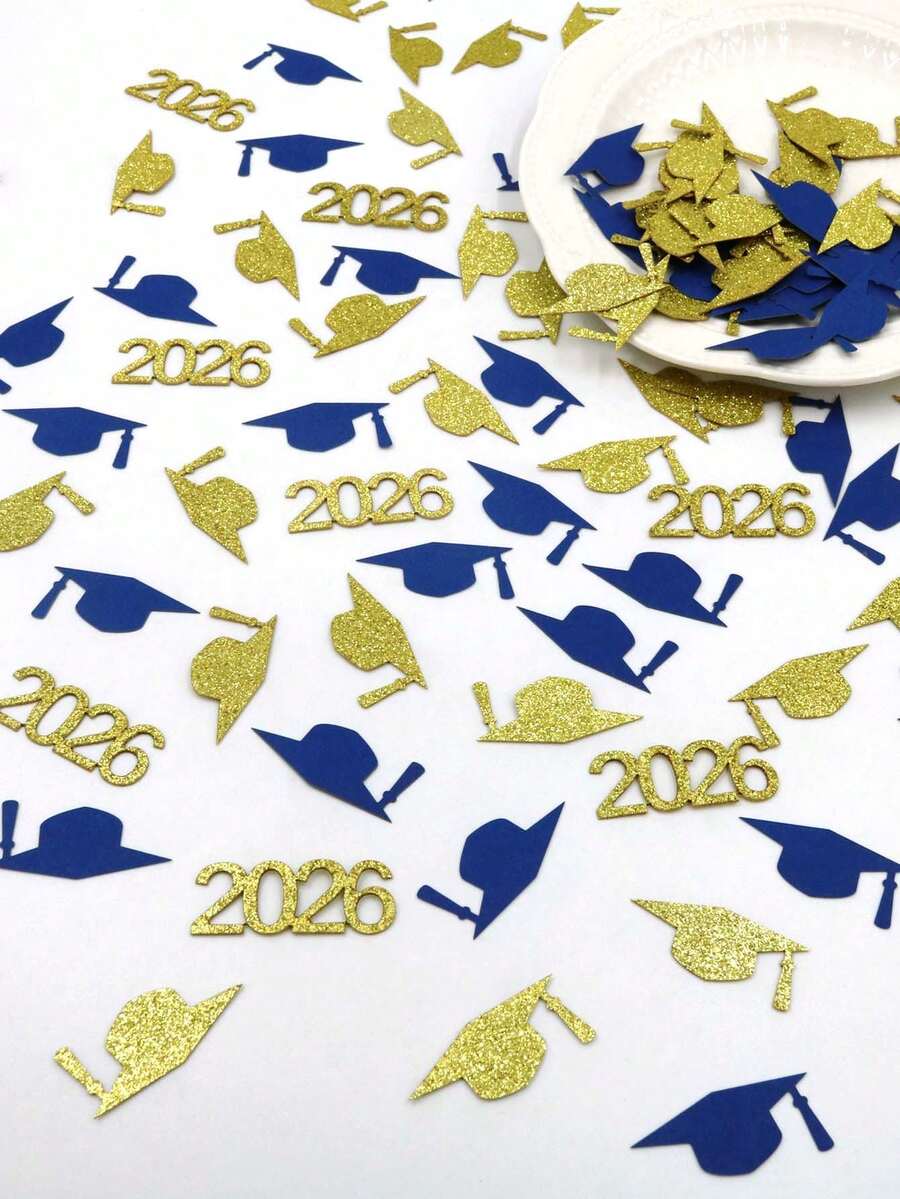100片2026毕业派对彩纸屑，皇家蓝和金色闪光桌面装饰，2026高中/大学毕业派对用品 - 藍金色 - 查看 1