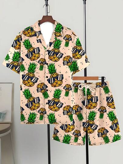 Quirky Pineapple Glasses Hawaiian Style Pattern Print Men's Loose Cuban Collar Short Sleeve Shirt Shorts Set Beach Pants