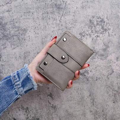 Unisex Retro Gray Oiled Leather Mini Wallet, Rivet Decor Snap Button Multi-Pocket Multi-Card Coin Purse, Casual Daily Work Gift