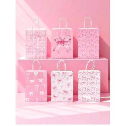 可爱粉色蝴蝶结纸质礼品袋，带提手，适合女孩生日、迎婴派对、新娘送礼会、婚礼、单身派对、订婚、情人节等场合，可用作礼品包装、桌面装饰、派对用品。