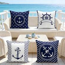 4pcs Anchor Pattern Ocean Throw Pillow Covers - Rope Core Sofa Bed Decor, Anchor Style Cushion Covers, Single-Sided Plush Printed Pillow Shams, No Pillow Insert - 4 Anchors - View 10