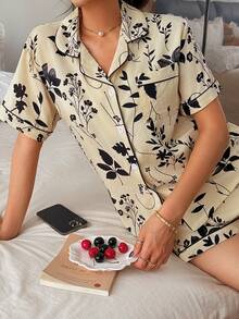 Dreamivo 两件套女士舒适树枝花朵枫叶印花睡衣套装，包括翻领纽扣短袖上衣和短裤，夏季休闲睡衣和家居服 - 杏色 - 查看 5