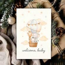 1 Set Welcome Hot Air Balloon Animals Card | Cute Giraffe, Elephant, Zebra Balloon Design With Stars And Clouds For New Arrival Celebrations, Perfect Congratulations Gift For Friends, Colleagues, Family Members(Red/Khaki/Black Available) - Multicolor - View 5