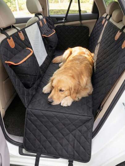 1 pieza Funda para asiento de coche universal para mascotas con ribete negro y naranja de tela Oxford gruesa, resistente al agua y a los arañazos, con bolsillo de almacenamiento y ventana de malla, hamaca para mascotas de uso intensivo adecuada para coches, camiones y SUV