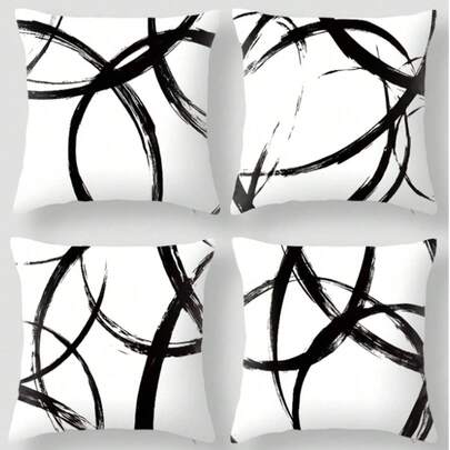 4Pcs Abstract Ink Graffiti Art Decorative Throw Pillow Covers, Black And White, Non-Electric, High-End Linen Cushion Covers For Sofa, Bed, Living Room, And Home Decor - 18x18 Inches