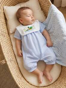 Baby Girl Summer Jumpsuit Short Sleeve Round Neck Duck Embroidery Stripe Romper For Outdoor Daily Wear - 藍色 - 查看 3