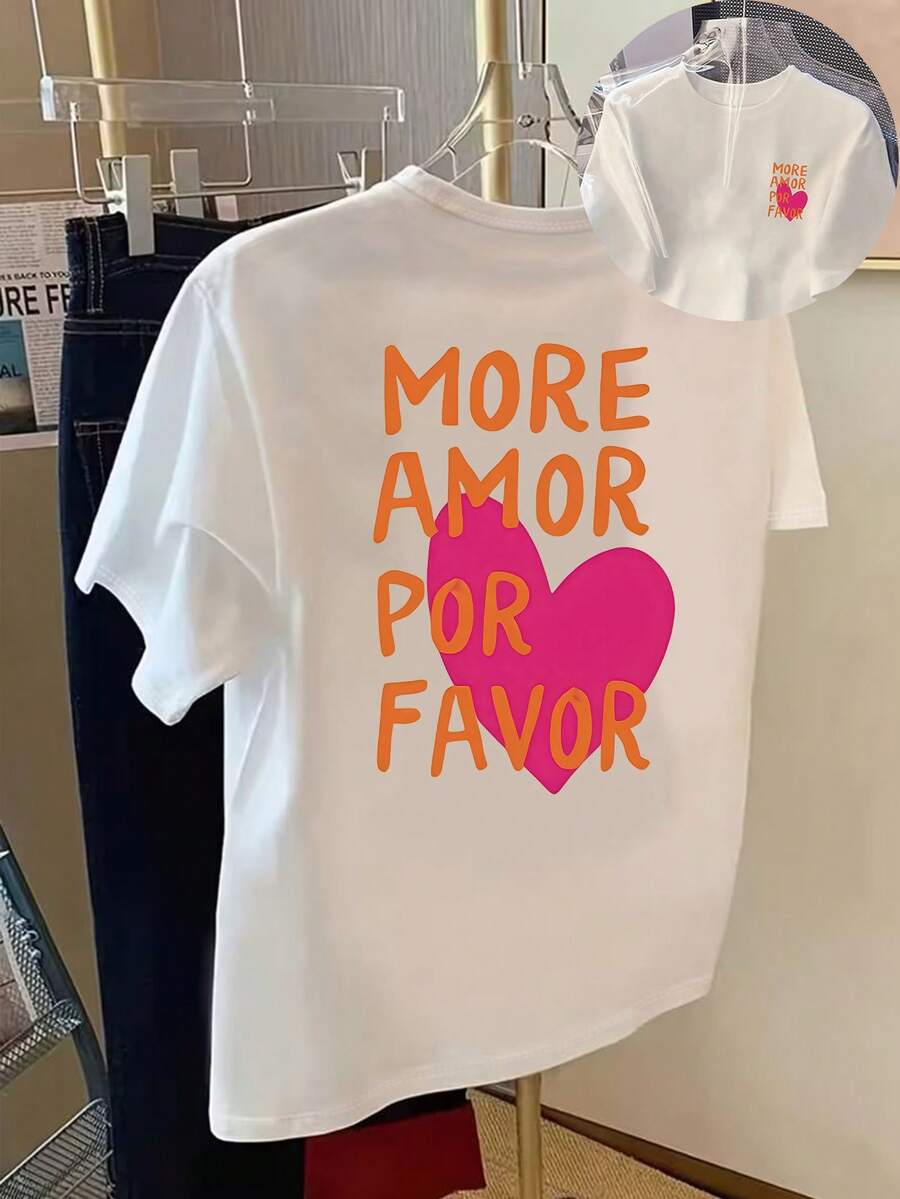 Camiseta de manga corta de cuello redondo con estampado de corazón morado y texto "MORE AMOR POR FAVOR" en naranja, de corte holgado y sin forro, adecuada para vacaciones, verano y primavera - Blanco - Ver 1