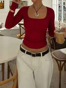 Casual Long Sleeve Crew Neck T-Shirt, American Classic Slim Fit Versatile Top - Burgundy - View 5