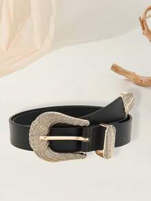 1pc Women's Vintage Western Style Buckle PU Leather Handmade Luxury Slim Waist Belt, Suitable For Jeans, Suits, Daily Commute, Office, Holidays, Gift, - 黑色 - 查看 7