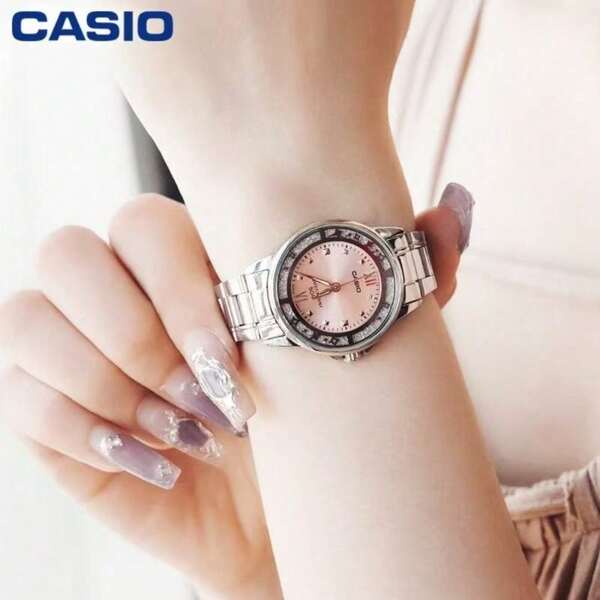  Đồng hồ nữ cao cấp Casio LLTP-1391D-4A mặt hồng, dây thép không gỉ, đính pha lê, máy quartz.