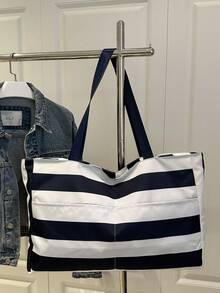 Striped Bohemian Large Capacity Tote Bag, Waterproof Beach Bag, Spacious Handbag, Travel Canvas Bag - Navy Blue - View 2