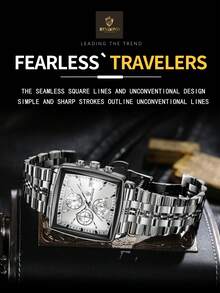 BINBOND Square Design Men's Quartz Watch, Luxury Multifunctional Chronograph Dial, Stainless Steel Waterproof Business Gift Watch For Men - Black and White - View 5