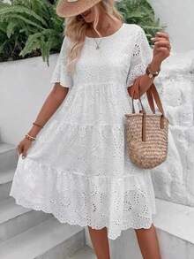 Woman Casual Women's Embroidered Hollow Short Sleeve Round Neck Ruffle Sleeve Waist Dress - 白色 - 查看 1