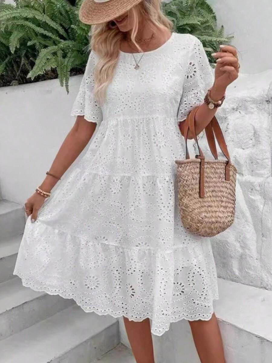 Woman Casual Women's Embroidered Hollow Short Sleeve Round Neck Ruffle Sleeve Waist Dress - 白色 - 查看 1