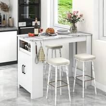 GOFLAME Faux Marble Pub Table With 7 Hanging Hooks, Compartment, Cabinet & Adjustable Shelf, 100cm Long Counter Height Table, Rectangular Dining Table For Living Room & Kitchen, White - White - View 8
