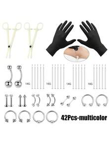 Bộ dụng cụ xỏ khuyên bằng thép không gỉ 24/42 món, cỡ 14G/16G, thích hợp cho mọi vị trí xỏ khuyên. - bộ dụng cụ xỏ khuyên - Xem 8