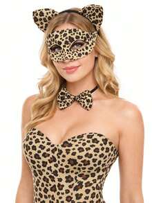 豹纹复古服装套装，包括豹纹面具+豹纹领结+豹纹耳朵，适合万圣节及其他节日派对、生日派对、嘉年华聚会、单身舞会等场合。 - 彩色 - 查看 7