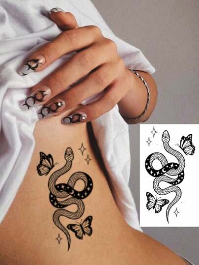 1 hoja de pegatina de tatuaje temporal de arte corporal pequeño, unisex, con lindo patrón de mariposa, serpiente y rosa de línea negra, tatuaje falso impermeable que dura de 2 a 5 días, puede cubrir cicatrices, se puede usar en brazos, muñecas, hombros, piernas, cintura, cuello, manos, pecho, muslos, dedos y otras partes, fácil de usar y quitar, adecuado para bodas, festivales de música, fiestas y otras ocasiones.