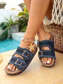 Sandal Datar Wanita Modis, Sol Lembut, Ringan, Dapat Diatur, Gesper Ganda, Sol Tebal - Cocok untuk Dipakai di Dalam, Luar Ruangan, dan Pantai, Musim Semi/Panas - Navy Blue - View 3