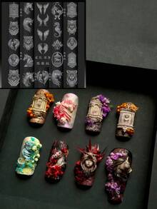 1 pieza Molde de arte de uñas 3D con patrón floral, marco con alas, castillo y ángel de estilo vintage, plantilla de decoración de uñas de silicona transparente - transparente - Ver 3