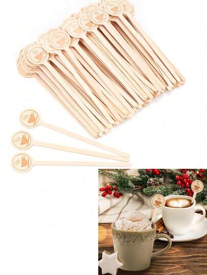 Paquete de 30 agitadores de bebidas de madera redondos - con diseño, de alta calidad, grado de cafetería. Agitadores de café de madera aptos para mezclar bebidas de café y lácteos, así como para decoraciones de fiestas de cumpleaños, accesorios para el té de la tarde y decoración de mesas de fiesta. Lavables y reutilizables.