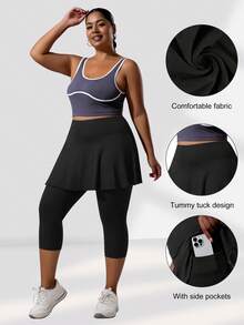 Plus-Size Women's High-Waisted Leggings, 2-In-1 Skirt-Pants, With Inner Pockets, Capri Yoga Pants, Suitable For Sports Such As Tennis And Golf. - màu đen - Xem 4