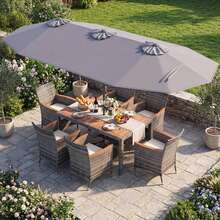 8 PCS Outdoor Wicker Dining Furniture & Double-Sided Umbrella With Solar LED Lights - 灰色的 - 查看 4