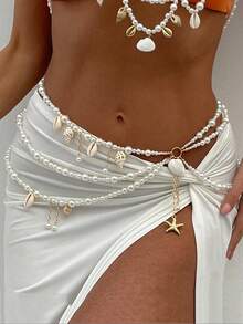 Women's Elegant Shell & Starfish Pendants Design Body Chain, Fashion Vintage Body High Quality Jewelry For Party, Daily Clothing Decor,  All-Match & Exquisite Beaded Jewelry For Birthday Gift, Streetwear Jewelry, Chic Body Jewelry, Pearl Waist Beads - 白色 - 查看 6