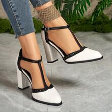 Contrast Color Casual PU Leather Patchwork Women's High Heels, Suitable For Party & All Seasons - White - View 7