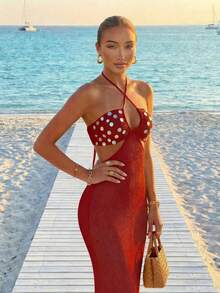 Đầm len nữ tối giản, thanh lịch, màu trơn, thích hợp cho kỳ nghỉ xuân/hè. - Màu đỏ tươi - Xem 3