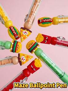 4-Color Cute Shaped Creative Maze Pen - Hamburger And French Fries Food-Shaped Soft Gel Tip Design - 0.7mm Black Ballpoint Pen - Twistable Tip For Smooth Writing - Highly Playable Dopamine-Colored Ballpoint Pen - 多色 - 查看 1