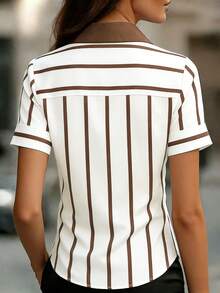 Elegante camicia a righe a maniche corte con colletto da donna, adatta per l'abbigliamento estivo - Castano - Visualizzare 5